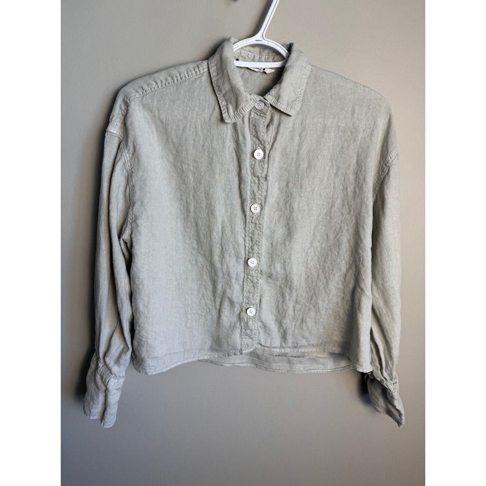 Zara‎ 100% Linen Button Up Shirt S Cropped Long Sleeve Beige Minimalist Boho